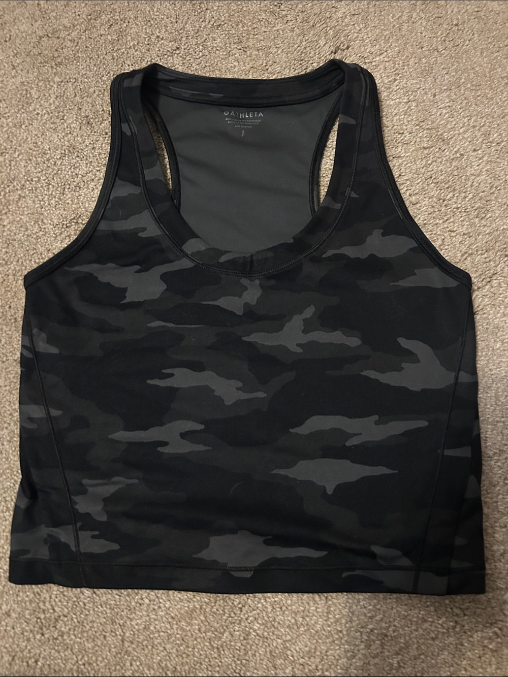 Athleta Black and Gray Camo Cropped Racerback Tank
